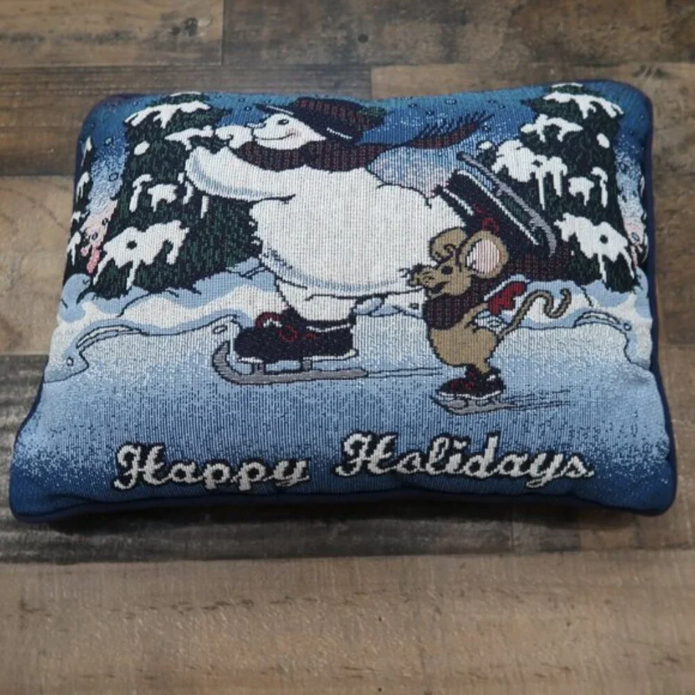 Happy Holidays Tapestry Christmas Accent Pillow Ice Skating Snowman & Mouse